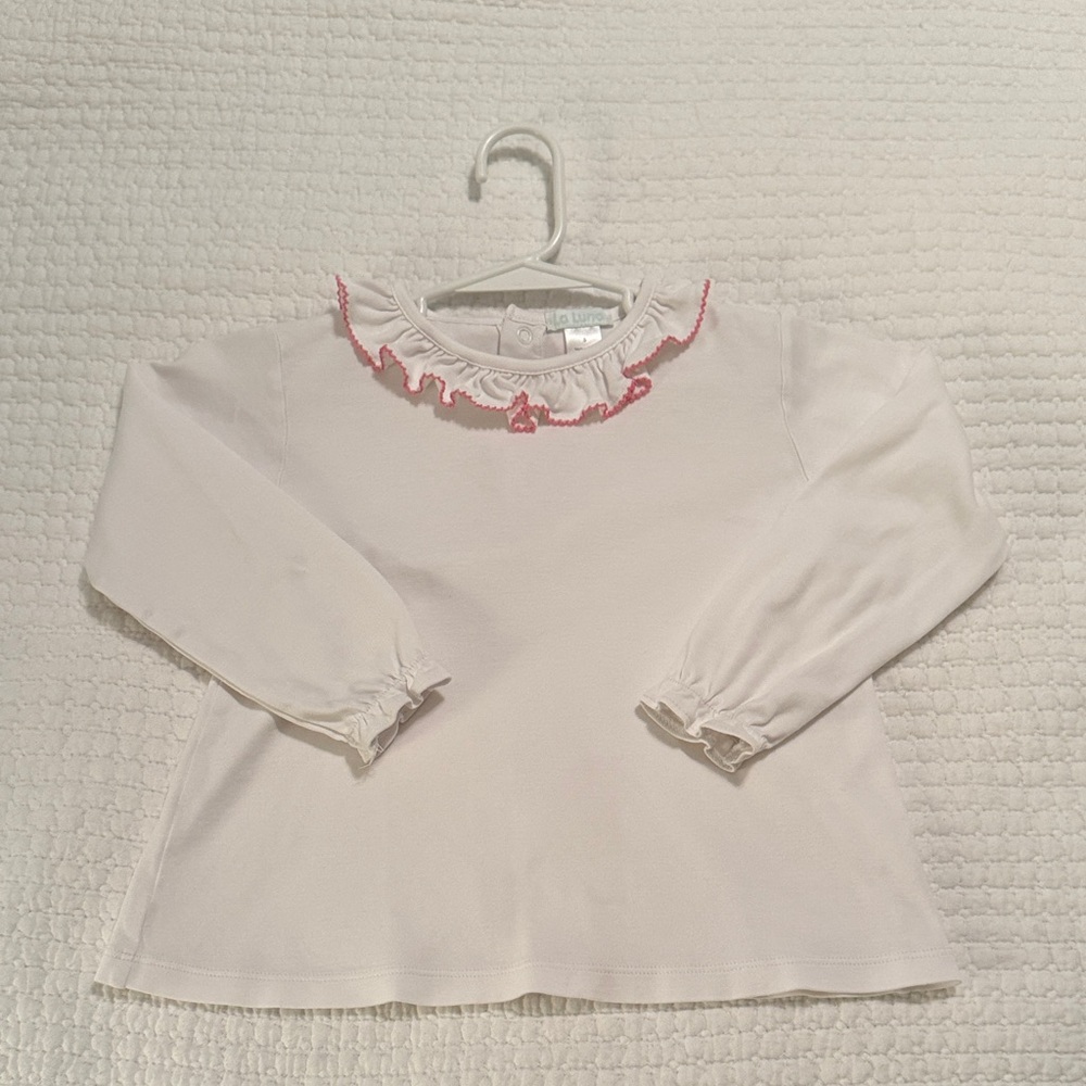 La Luna White Knit Long Sleeve Kids Blouse with Pink Picot Ruffle Trim collar